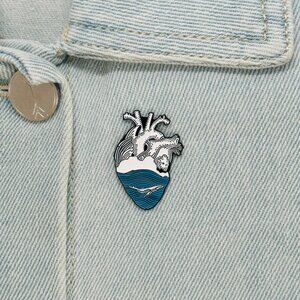 ✨Heart Enamel Pin White Blue Ocean Wave Anatomical Jewelry Brooch Jewelry Gifts✨